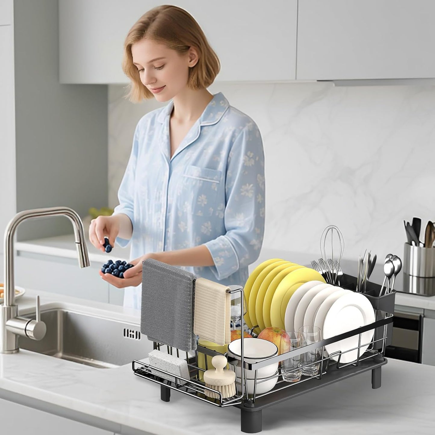 Organizer Lavello Cucina Estensibile con Porta Strofinacci Porta Spugne in Acciaio Inox Antiruggine, Regolabile e Salvaspazio