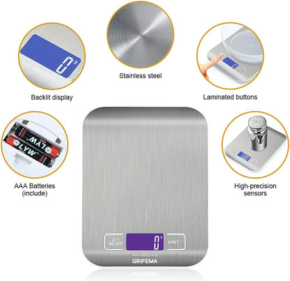 GRIFEMA GA2002 Bilancia da Cucina Digitale Professionale in Acciaio Inossidabile (5kg/1g)