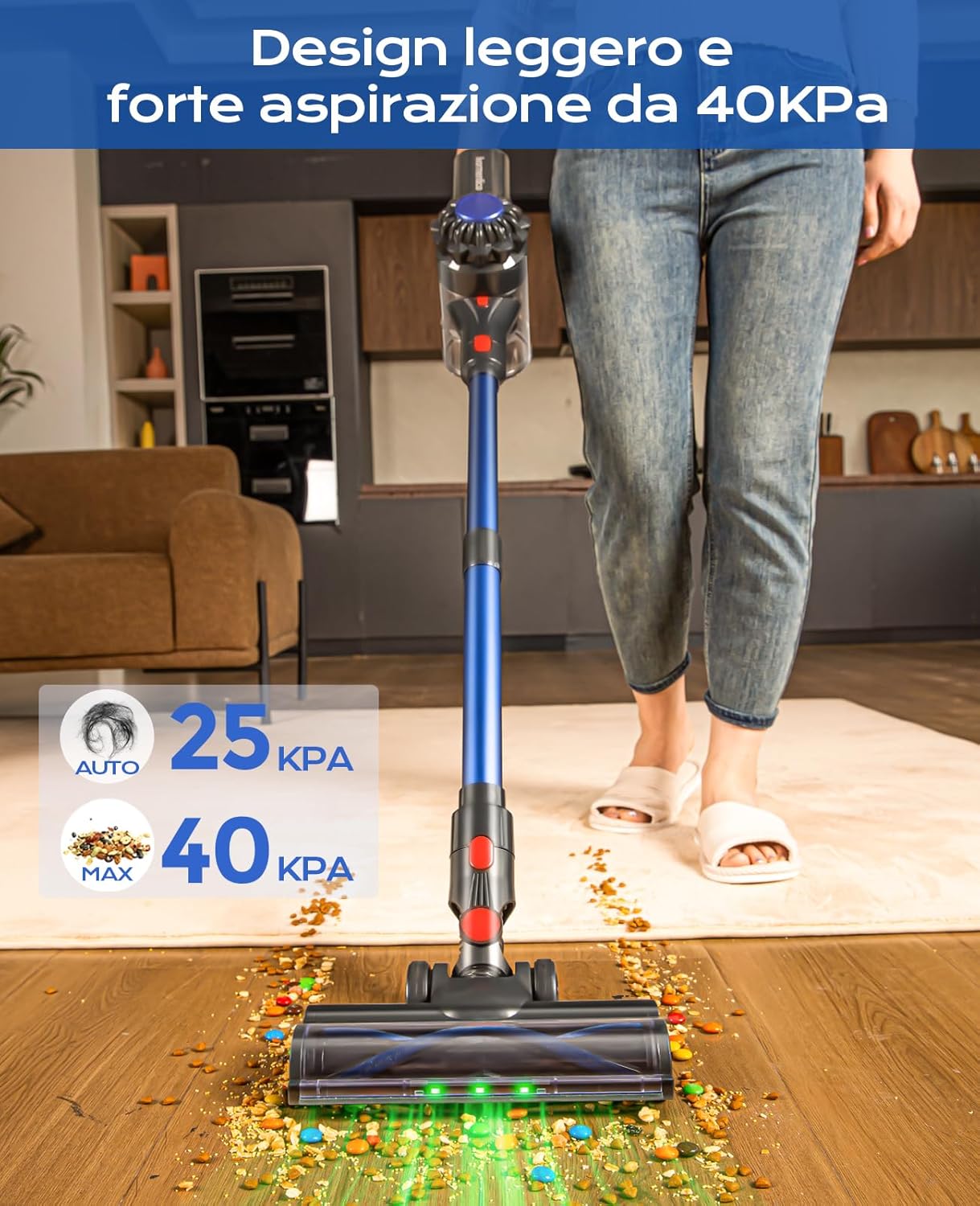 Ivormentico Aspirapolvere Senza Fili 450W/40KPA con Spazzola LED Anti-Groviglio