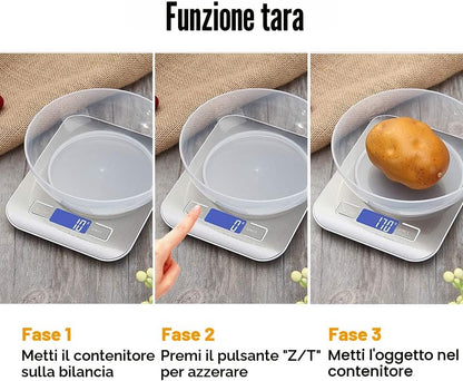 GRIFEMA GA2002 Bilancia da Cucina Digitale Professionale in Acciaio Inossidabile (5kg/1g)